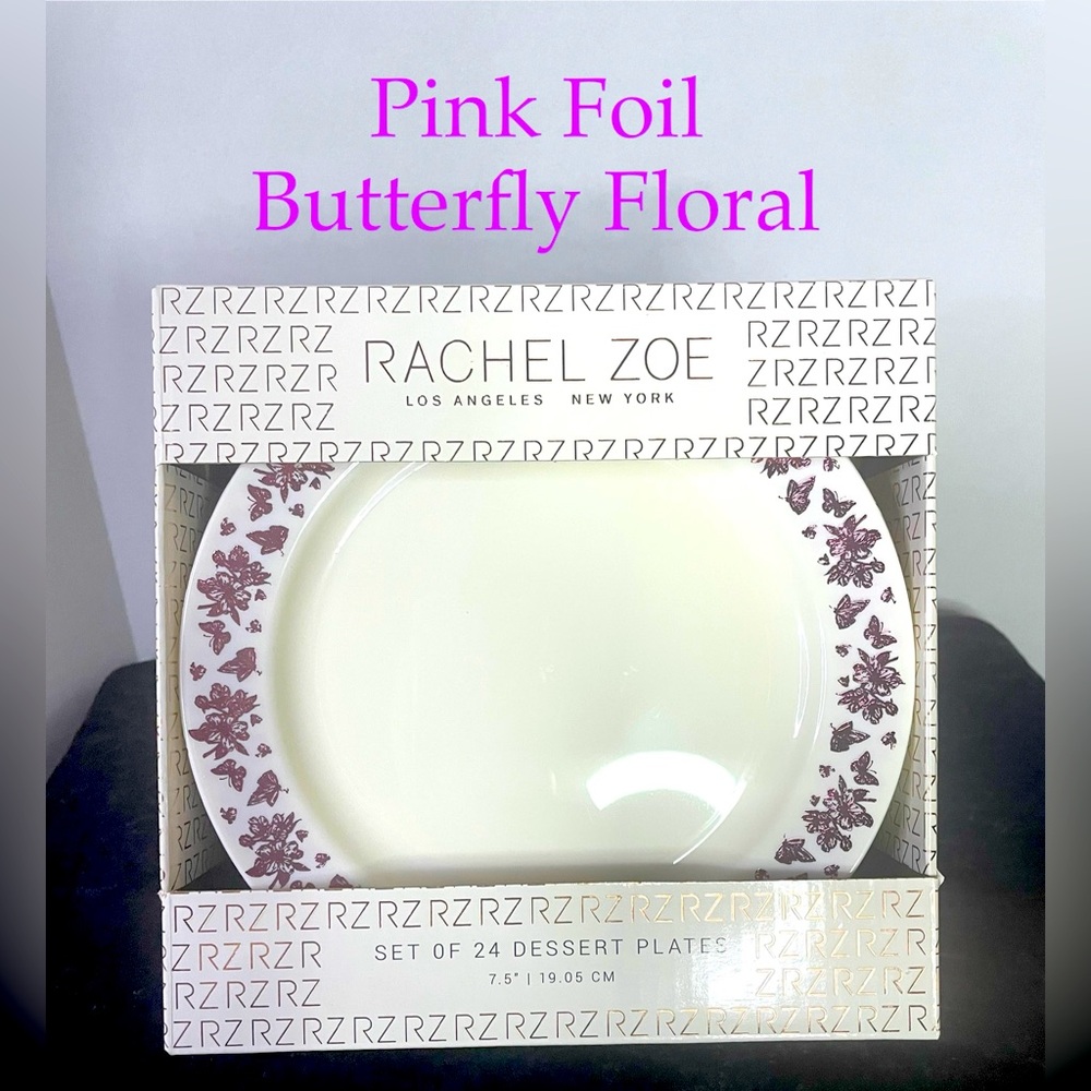RACHEL ZOE Pink Foil Butterfly Floral 7.5” Plastic Dessert Plates 24x Disposable